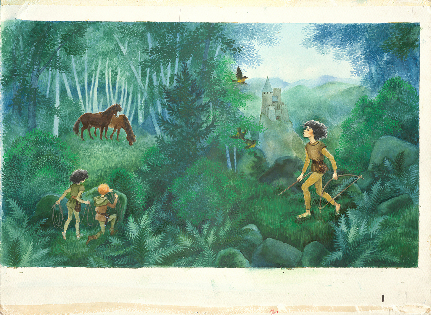 lon Wikland, Omslag till Ronja Rövardotter, 1981. Akvarell och tusch på papper, 38,90 x 51,00 cm. Foto: Göteborgs konstmuseum / Hossein Sehatlou. © Design Ilon Wikland AB. Ronja Rövardotter: TM och © The Astrid Lindgren Company